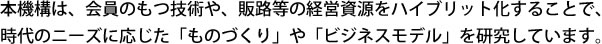 本機構は、下院の持つ技術や、販路等の経営資源をハイブリッド化することで、時代のニーズに応じた「ものづくり」や「ビジネスモデル」を研究しています。